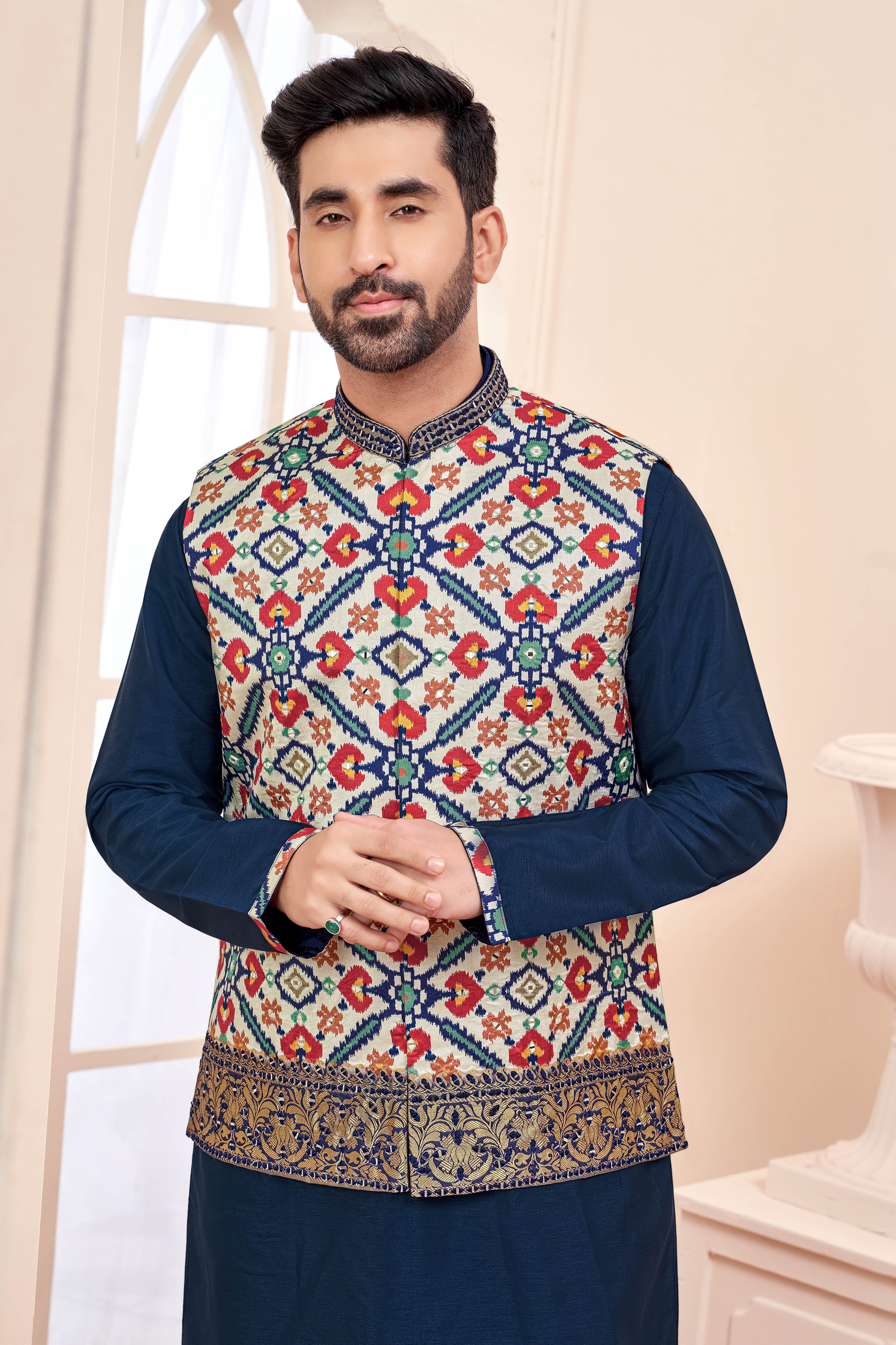 Navy Blue Kurta Jacket in Patola Print and Hand Mirror Work
