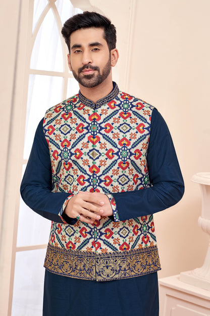 Navy Blue Kurta Jacket in Patola Print and Hand Mirror Work