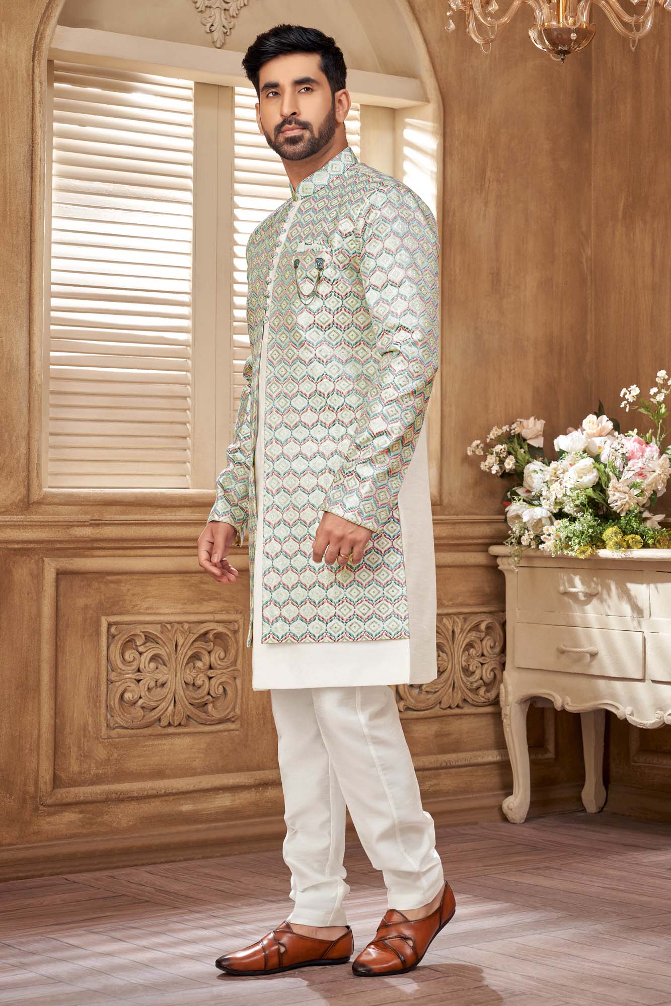 Indo-Western Kurta Set With Purple & Green Embroidery