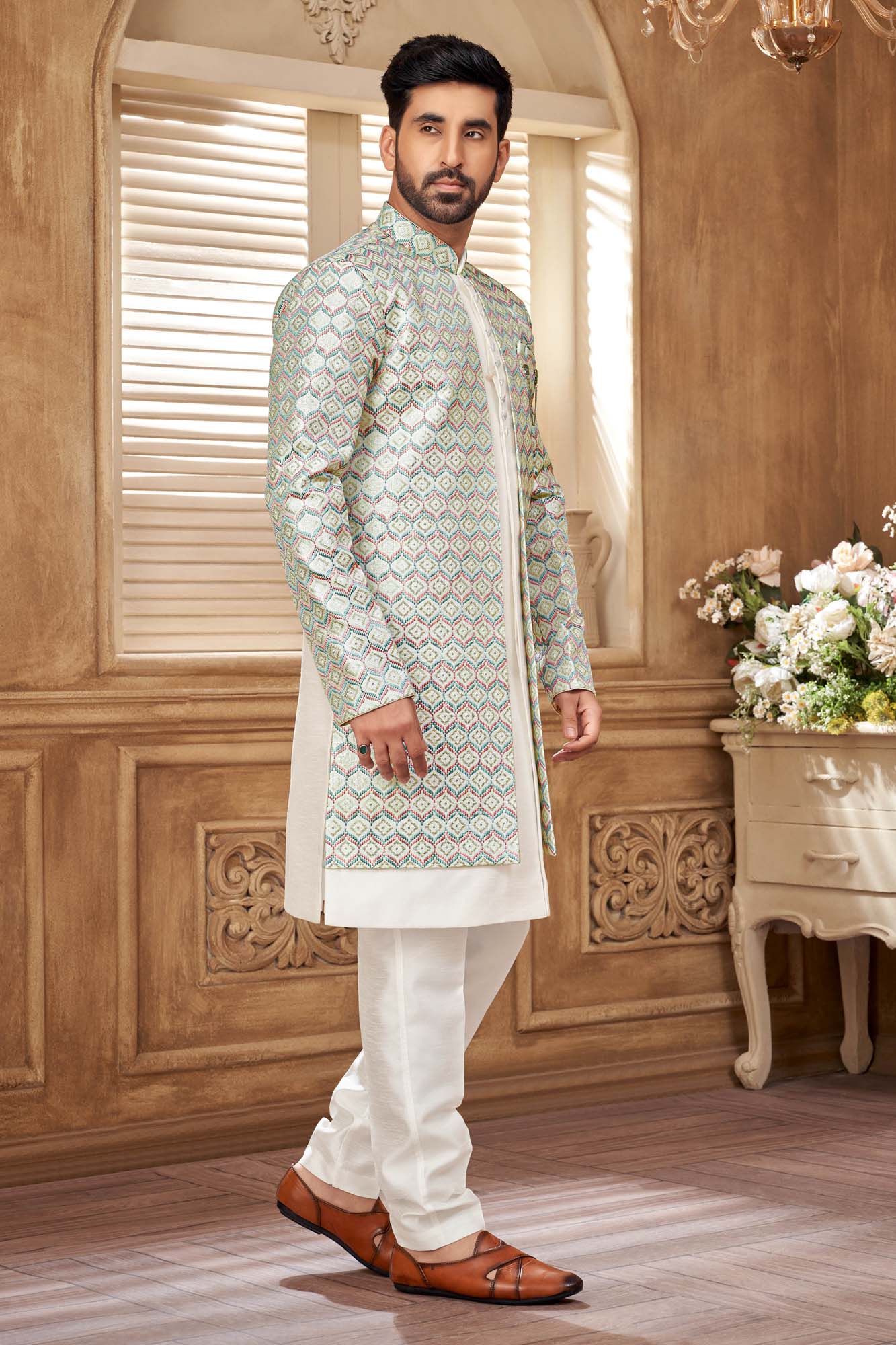 Indo-Western Kurta Set With Purple & Green Embroidery
