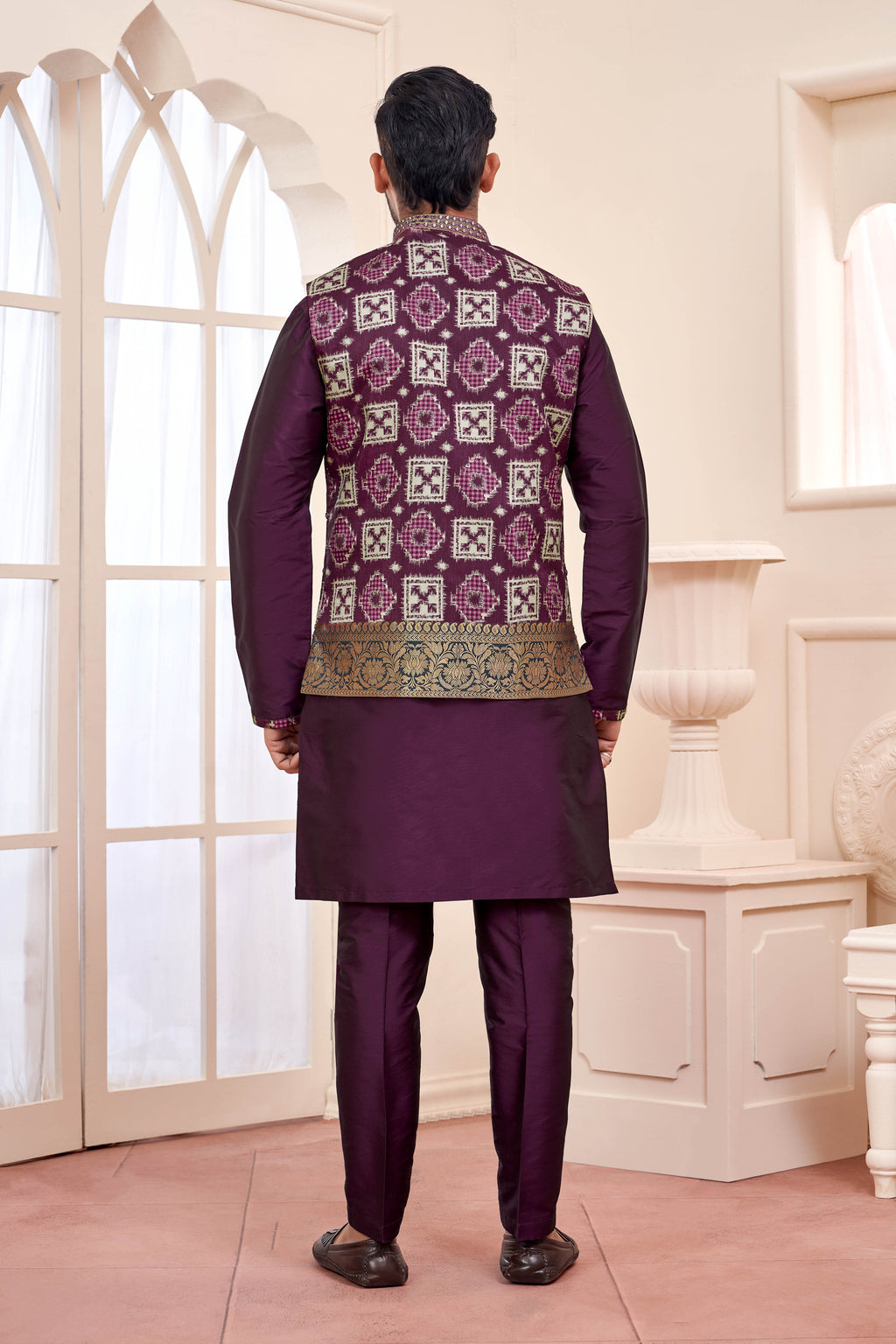 Patola Print with Purple Mirror Work Kurta Jacket Set