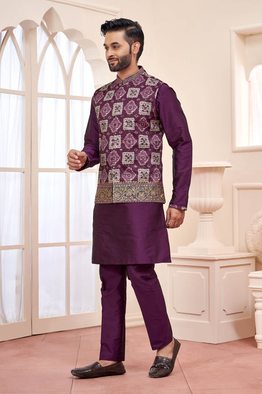 Patola Print with Purple Mirror Work Kurta Jacket Set