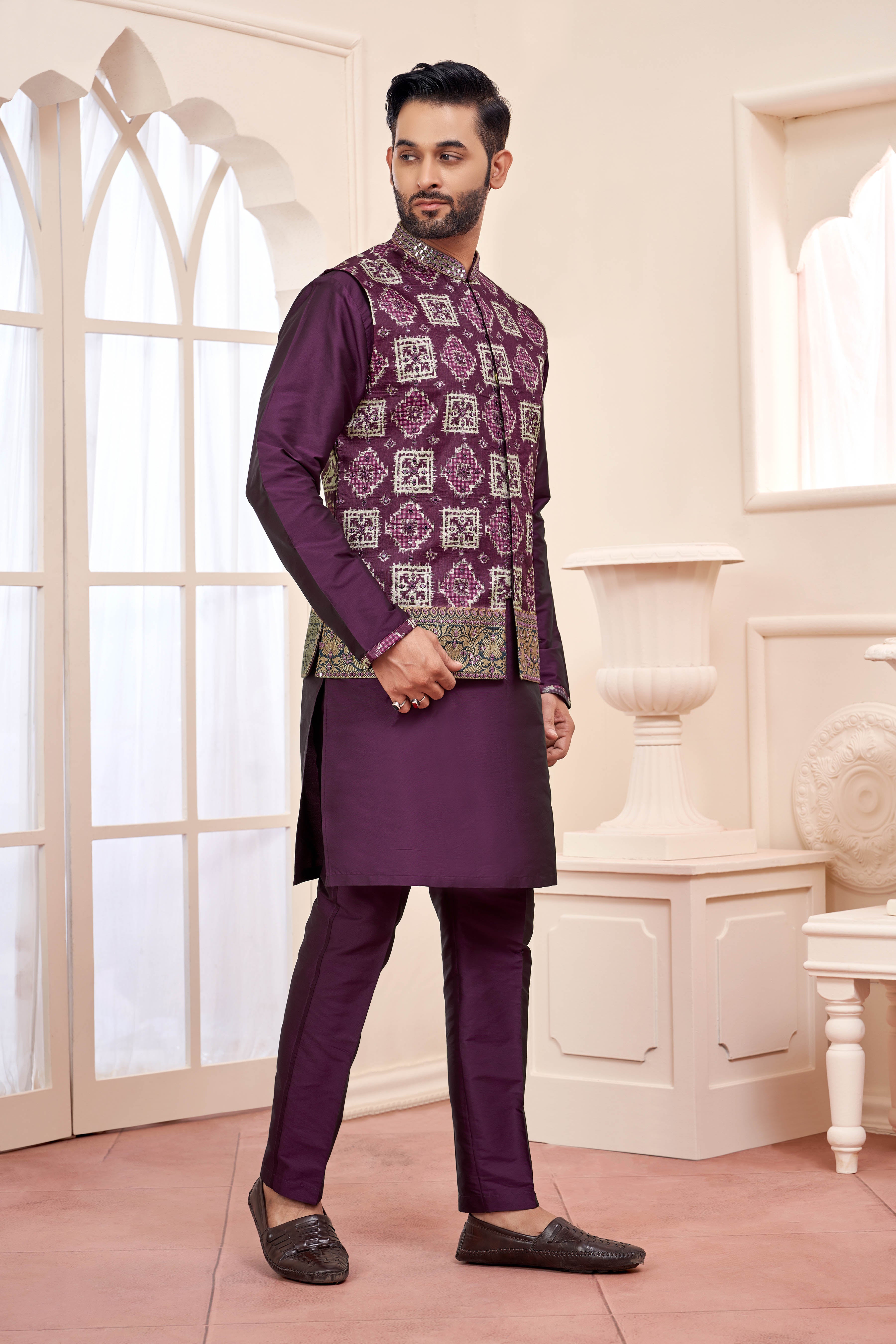 Patola Print with Purple Mirror Work Kurta Jacket Set