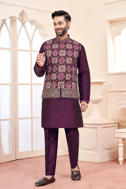 Patola Print with Purple Mirror Work Kurta Jacket Set