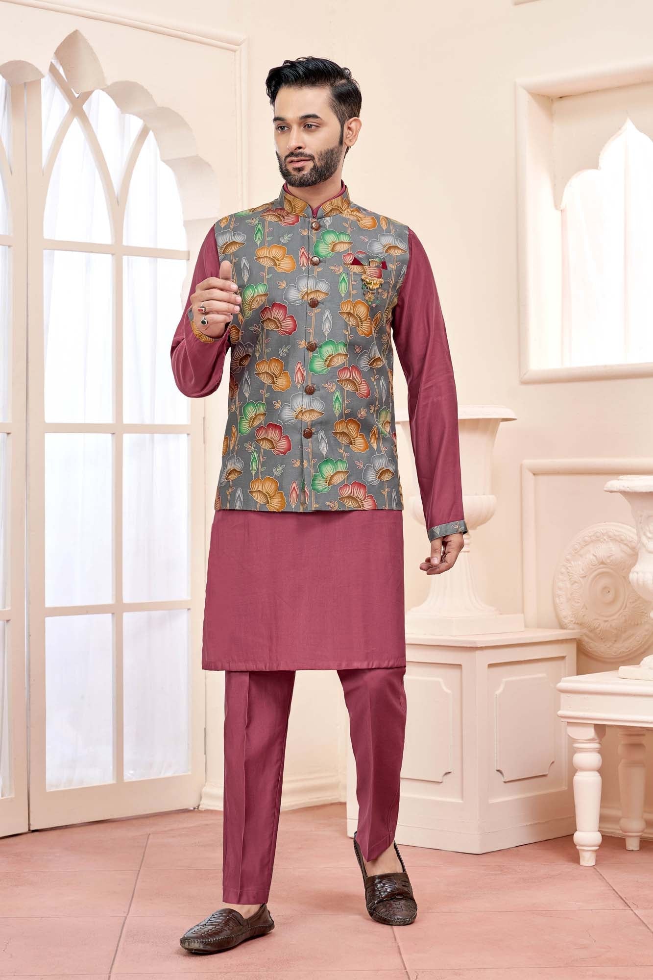 Dark Pink Kurta Jacket Set for Men – Ethnic Wear