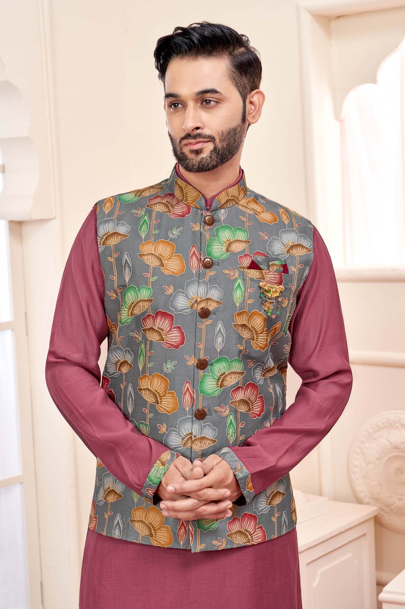 Dark Pink Kurta Jacket Set for Men – Ethnic Wear