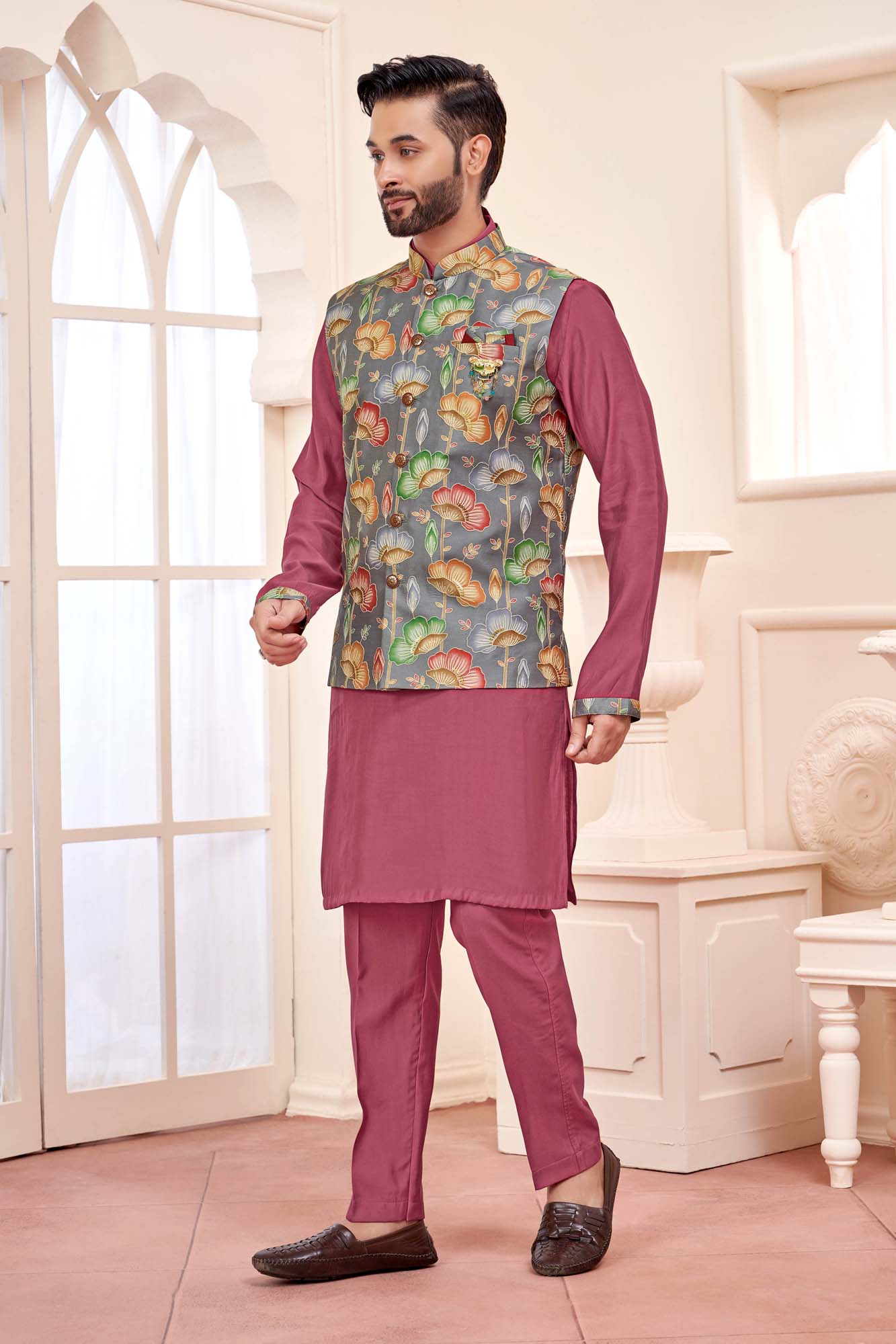 Dark Pink Kurta Jacket Set for Men – Ethnic Wear