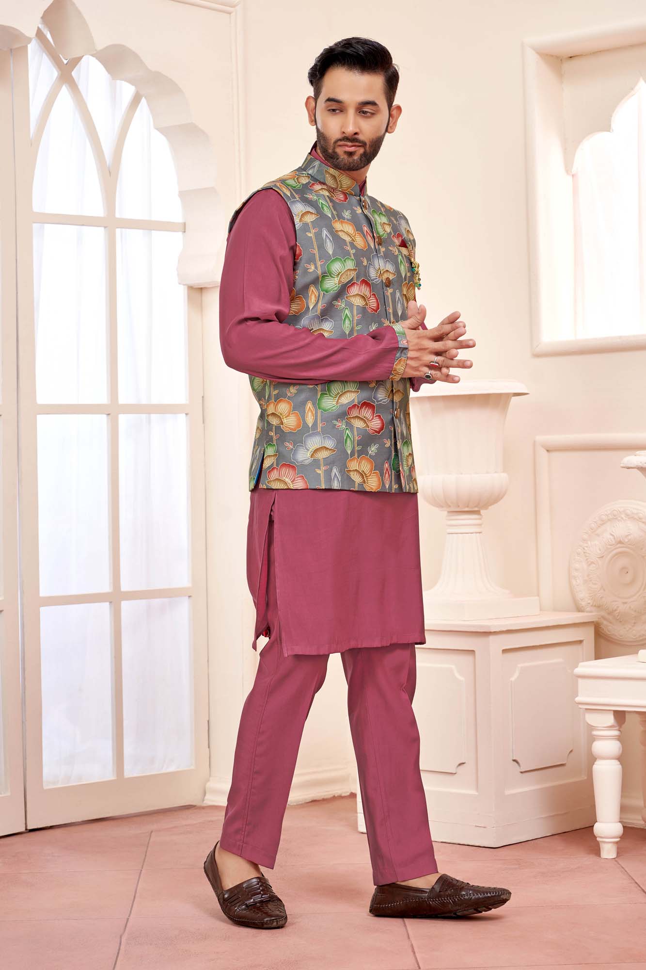Dark Pink Kurta Jacket Set for Men – Ethnic Wear