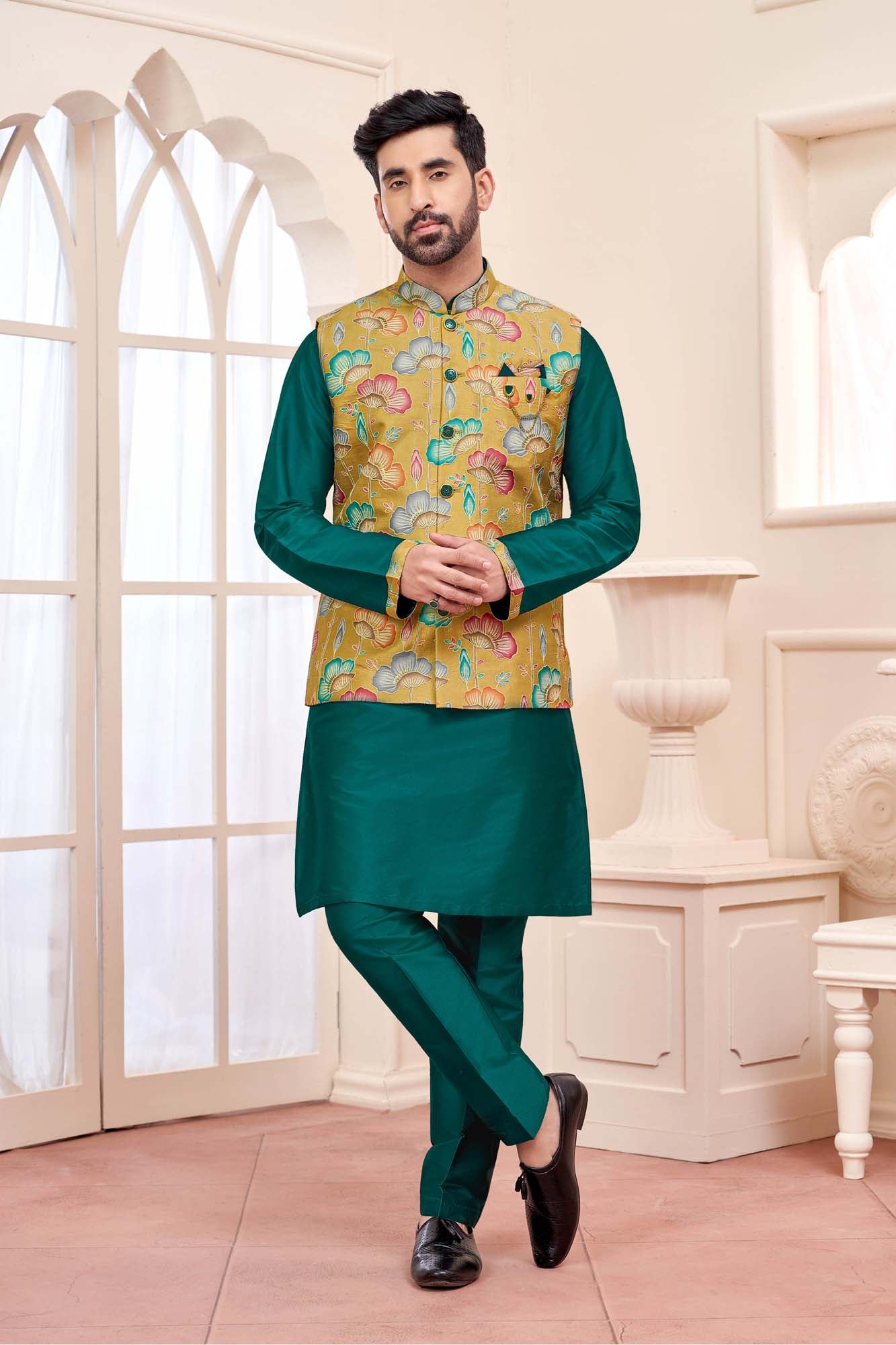 Green Kurta With Mustard Yellow Floral Jacket