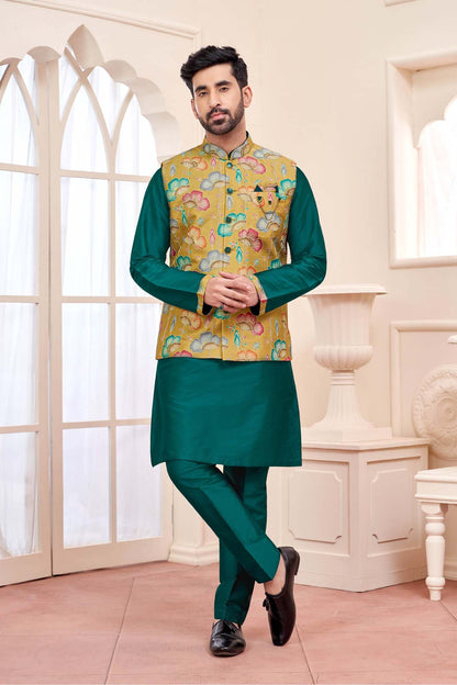 Green Kurta With Mustard Yellow Floral Jacket