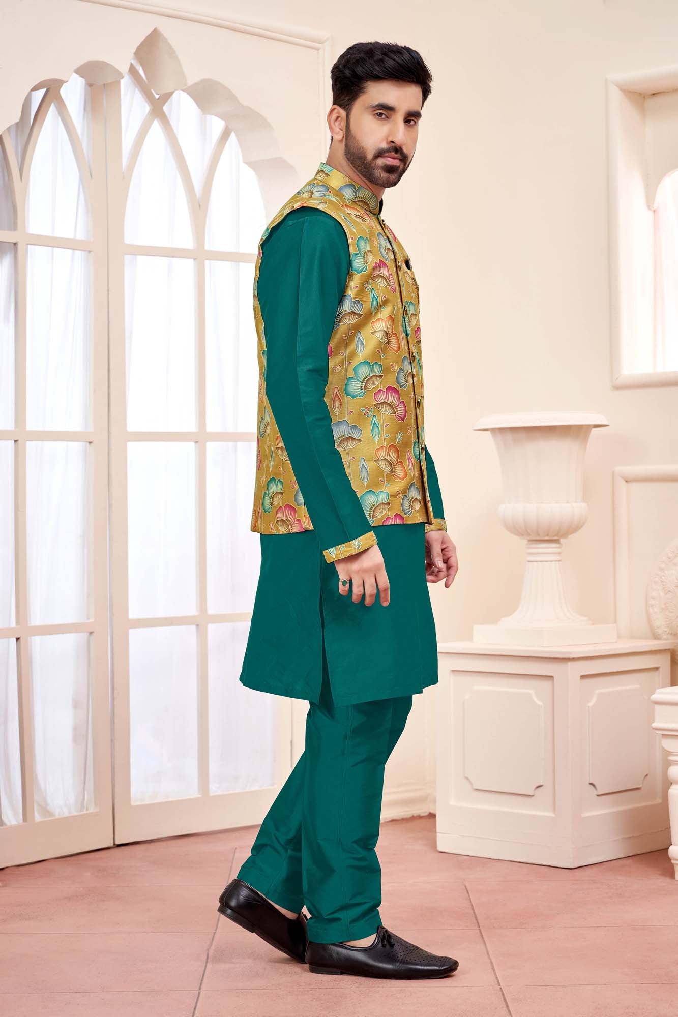 Green Kurta With Mustard Yellow Floral Jacket