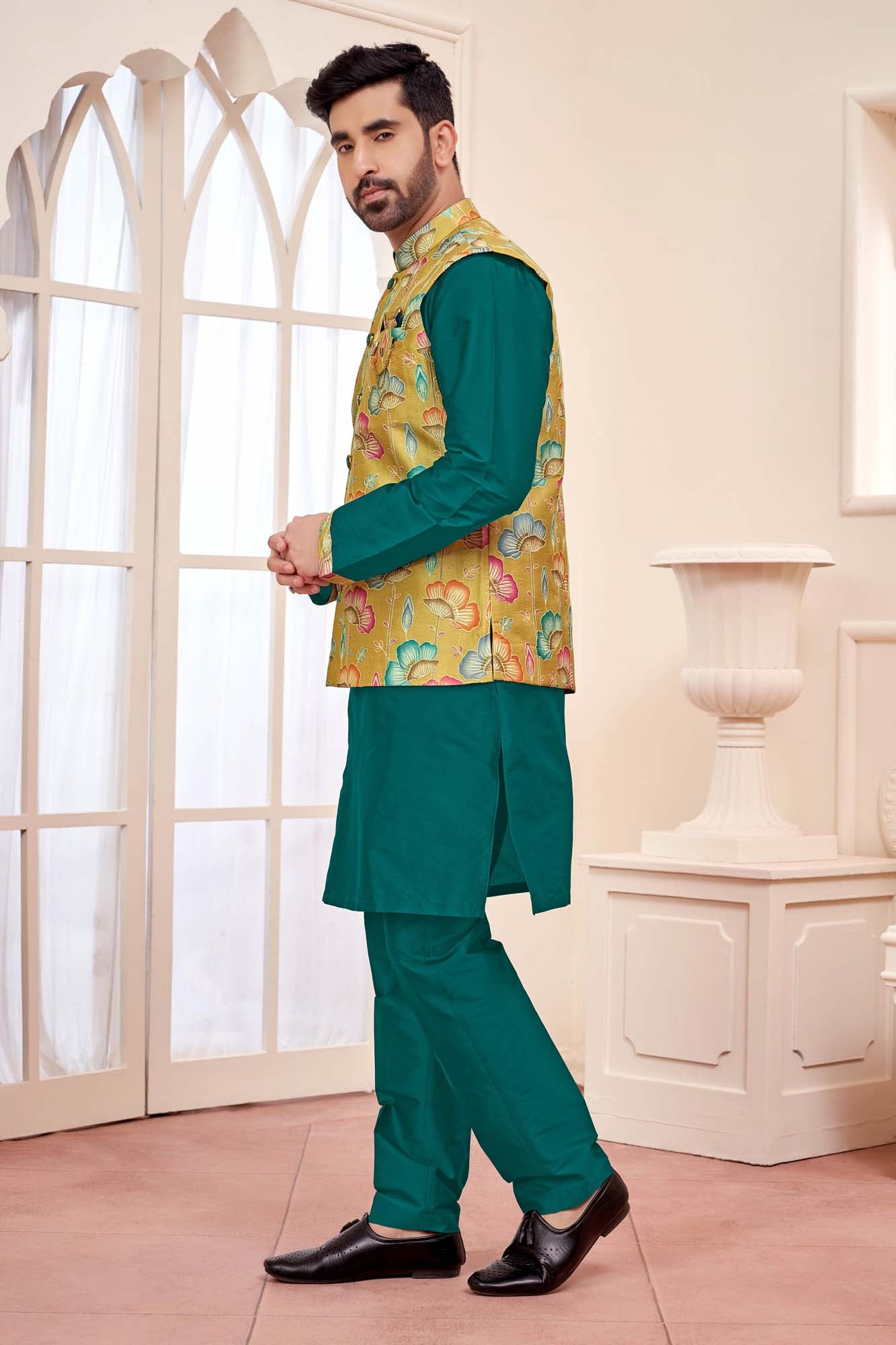 Green Kurta With Mustard Yellow Floral Jacket