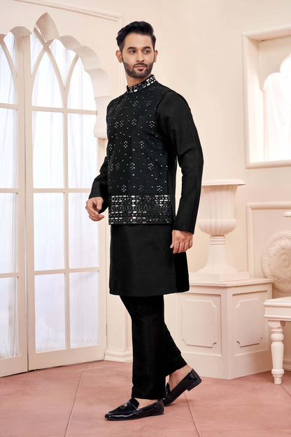 Black Kurta Set With Shimmery Silver Jacket