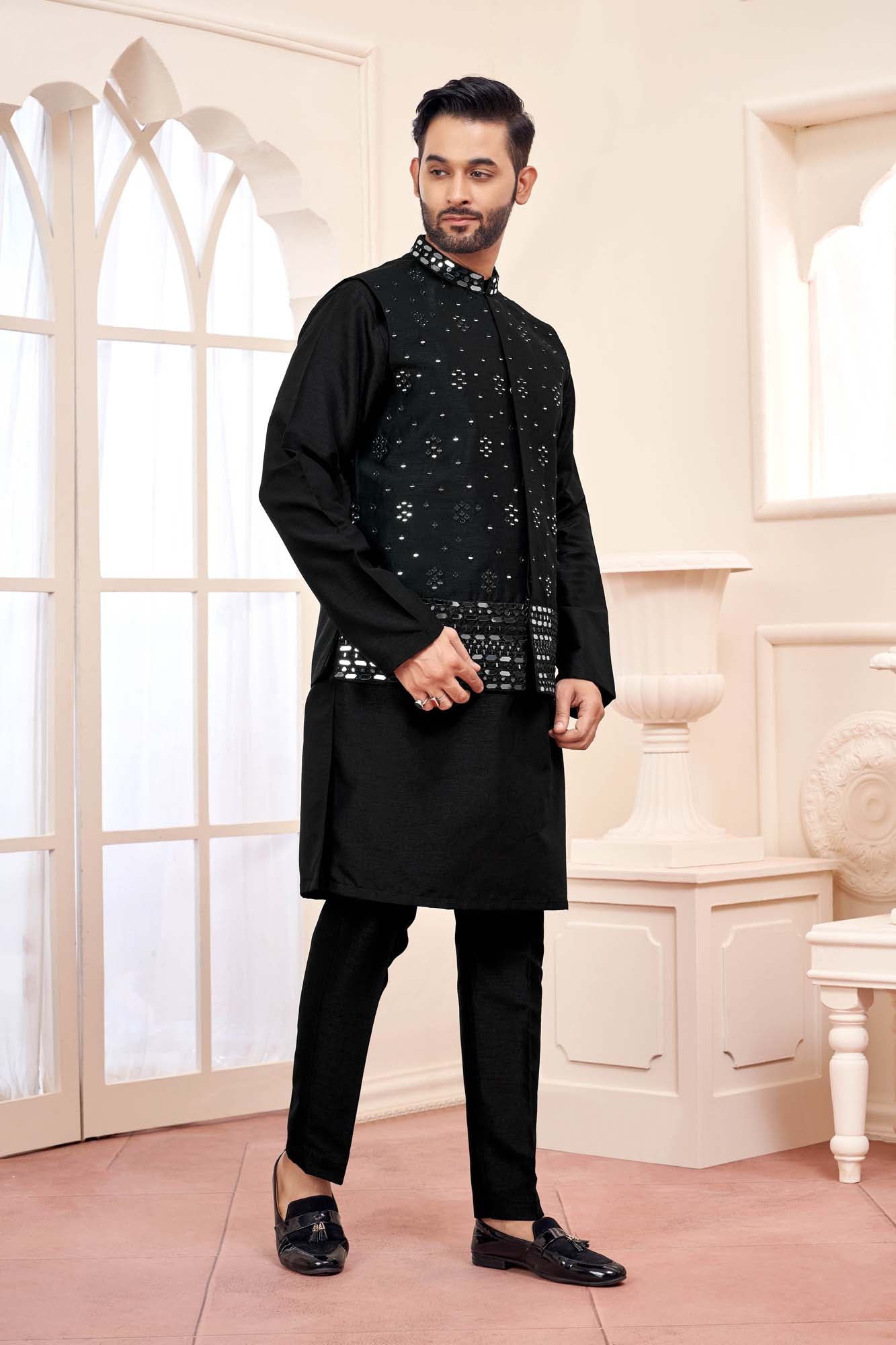 Black Kurta Set With Shimmery Silver Jacket