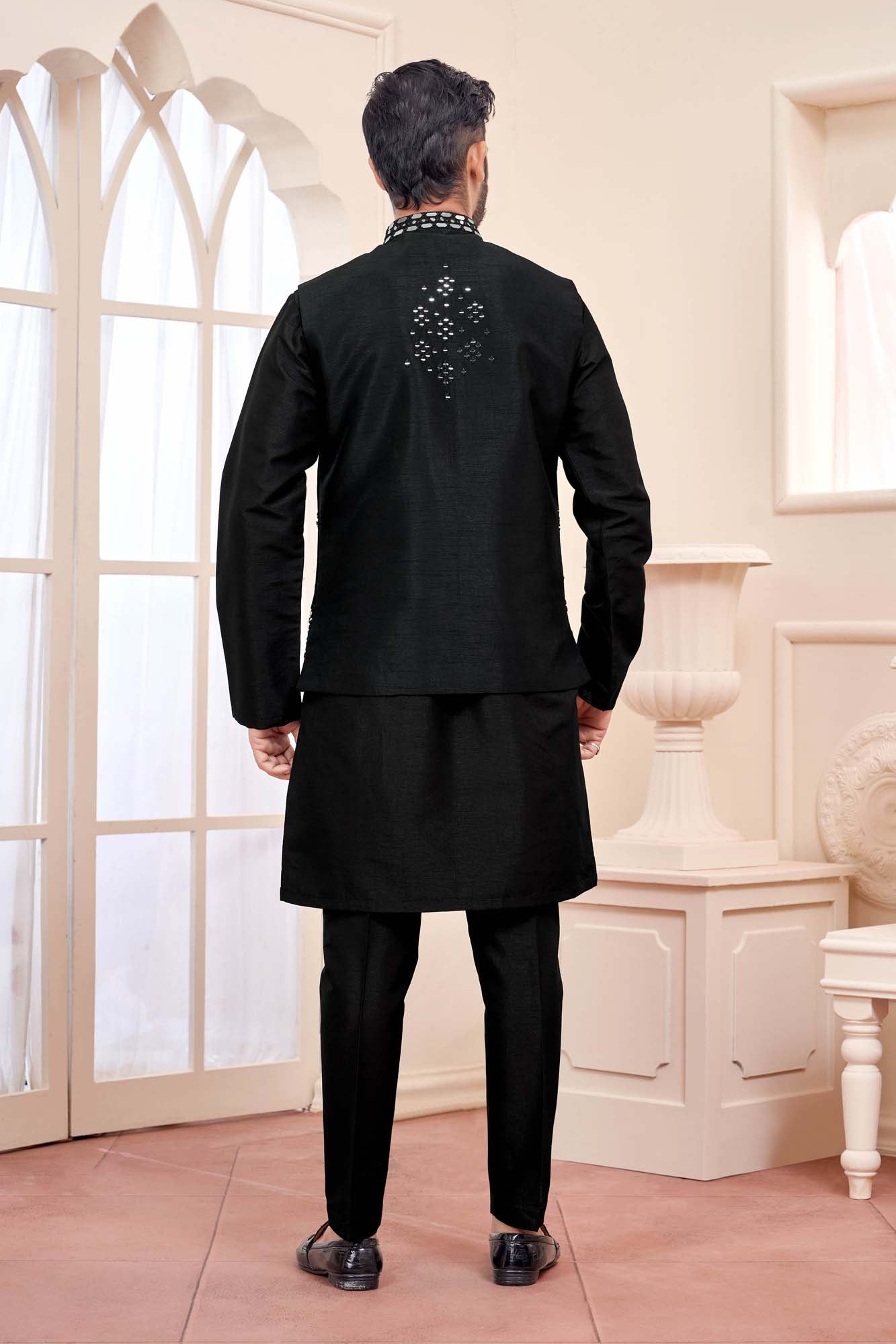 Black Kurta Set With Shimmery Silver Jacket