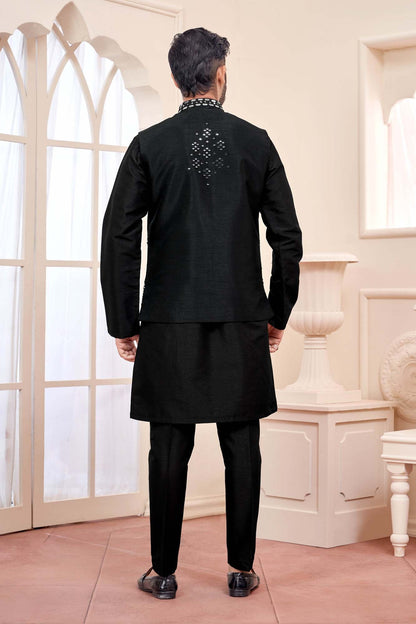 Black Kurta Set With Shimmery Silver Jacket