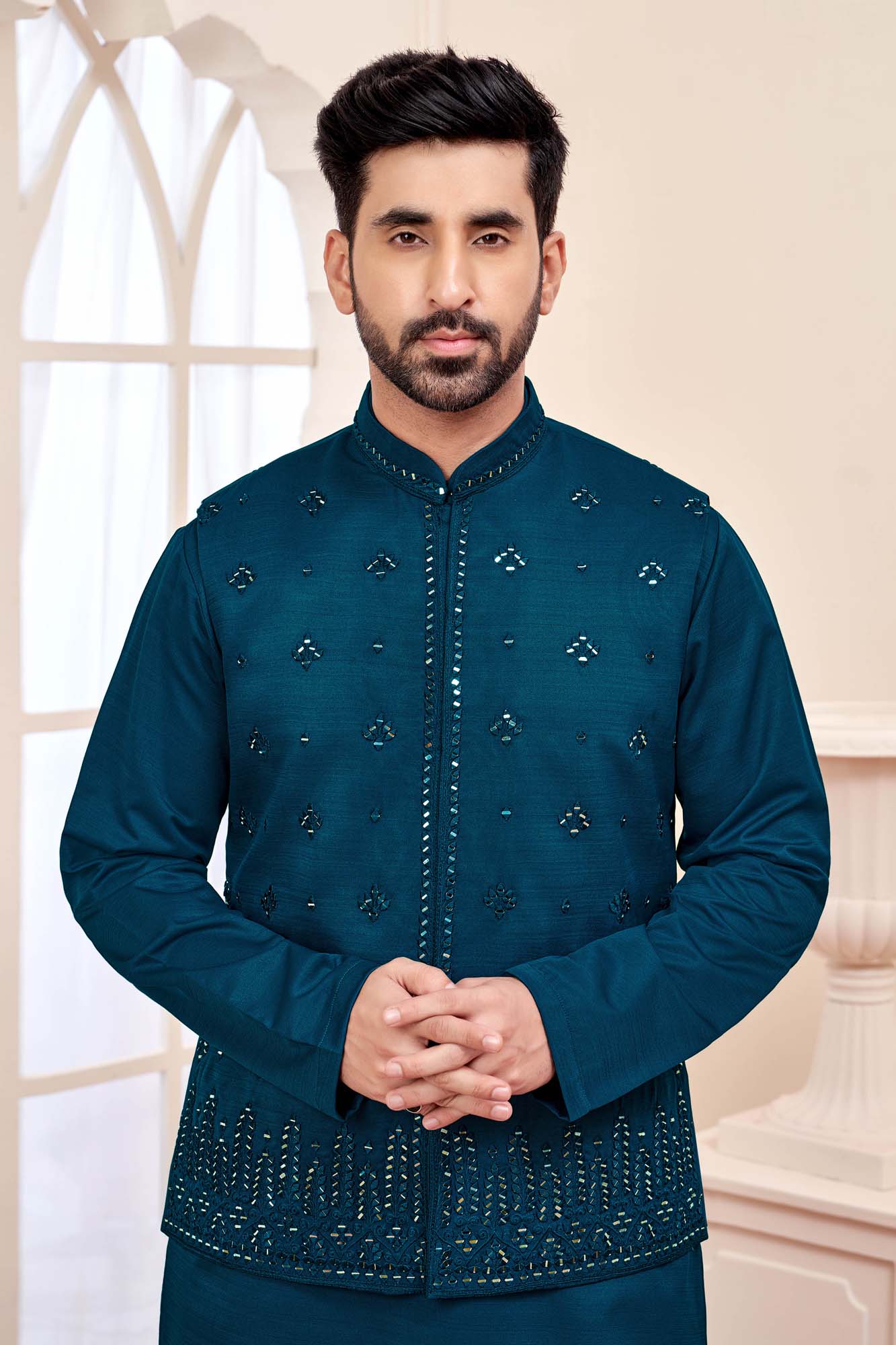 Teal Brilliance: Ethnic Kurta Set With Shimmery Jacket