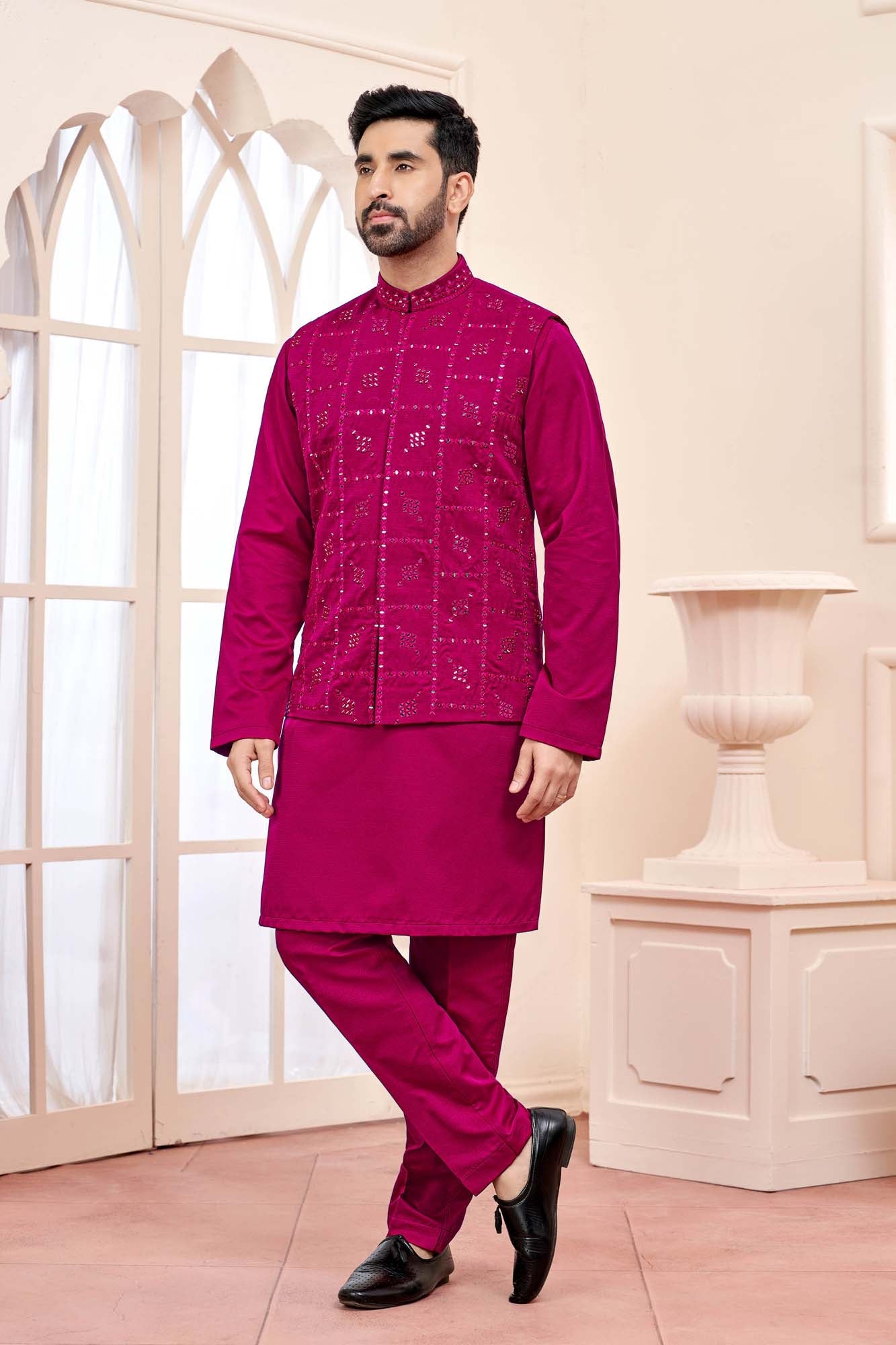 Hot Pink Ethnic Kurta Set With Shimmery Jacket