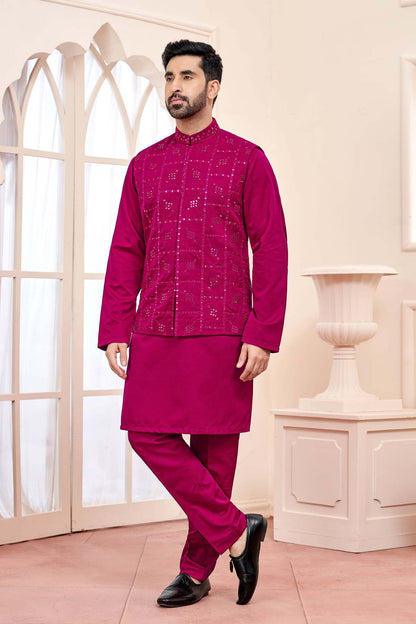 Hot Pink Ethnic Kurta Set With Shimmery Jacket