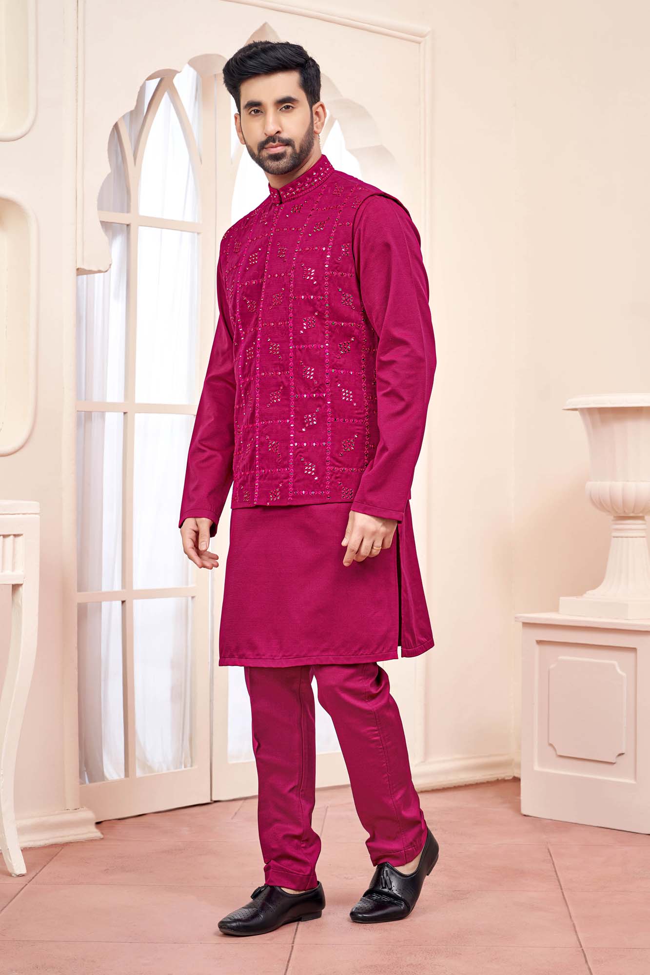 Hot Pink Ethnic Kurta Set With Shimmery Jacket
