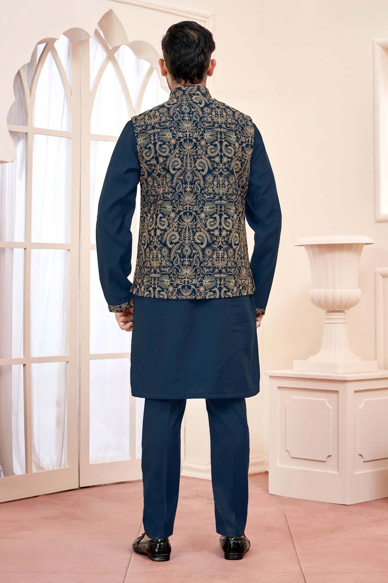 Royal Navy: Ethnic Kurta Set With Gold Embroidered Jacket