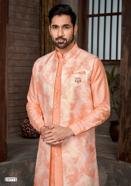 Art Silk Kurta Long Jacket Set with Pants for Men