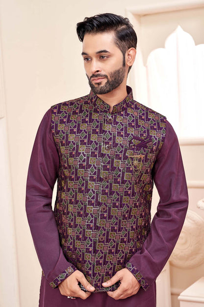 Wine Kurta Set With Koti Jacket For Men