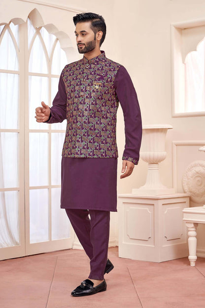 Wine Kurta Set With Koti Jacket For Men