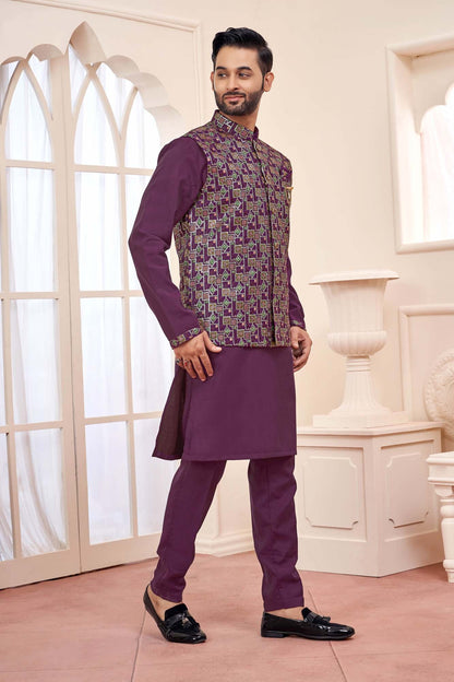 Wine Kurta Set With Koti Jacket For Men