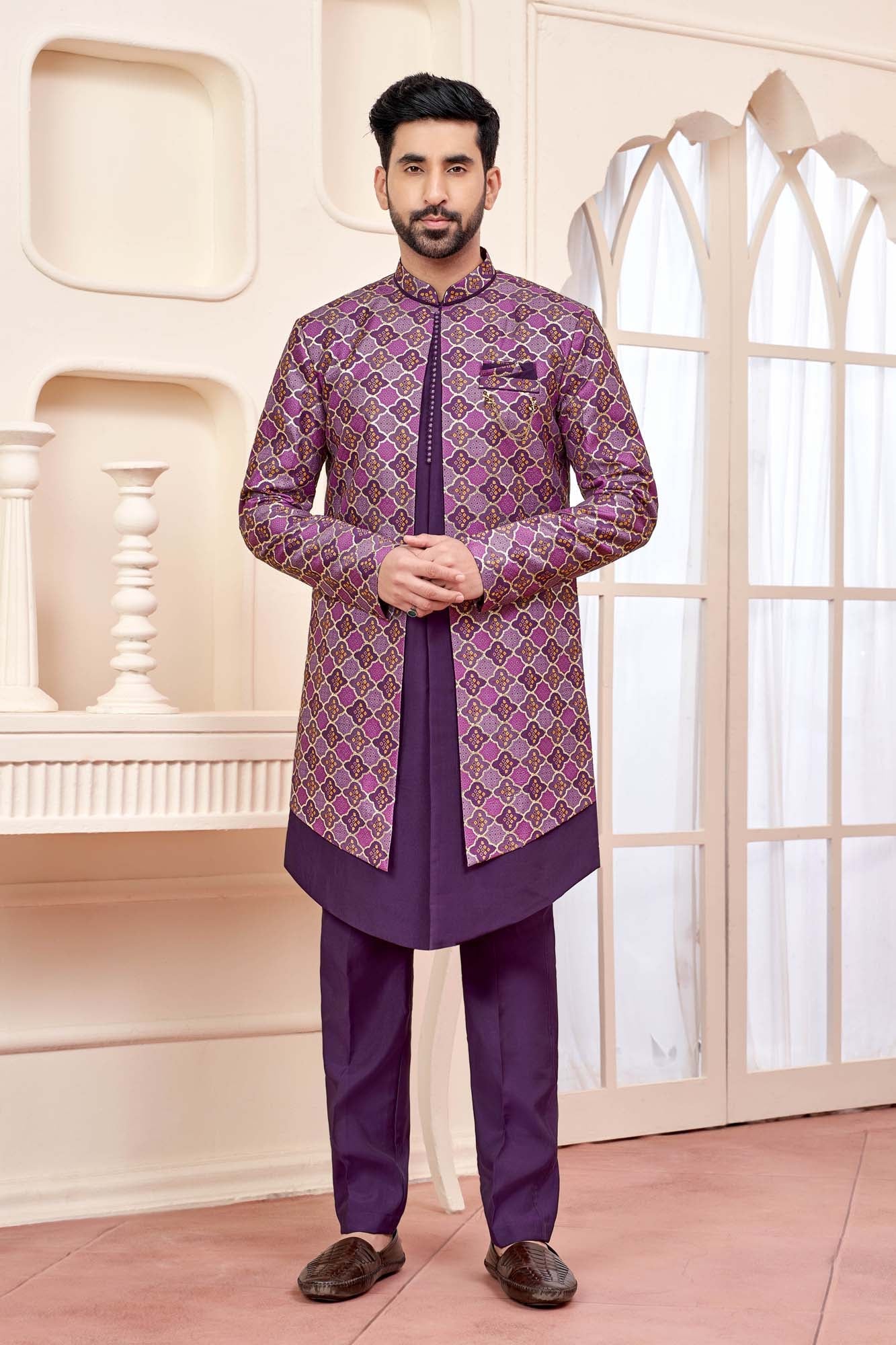 indo western dress for men Men's Blue contrast bottom Semi Indo-Western Sherwani decorative touch Indo Western for Men -