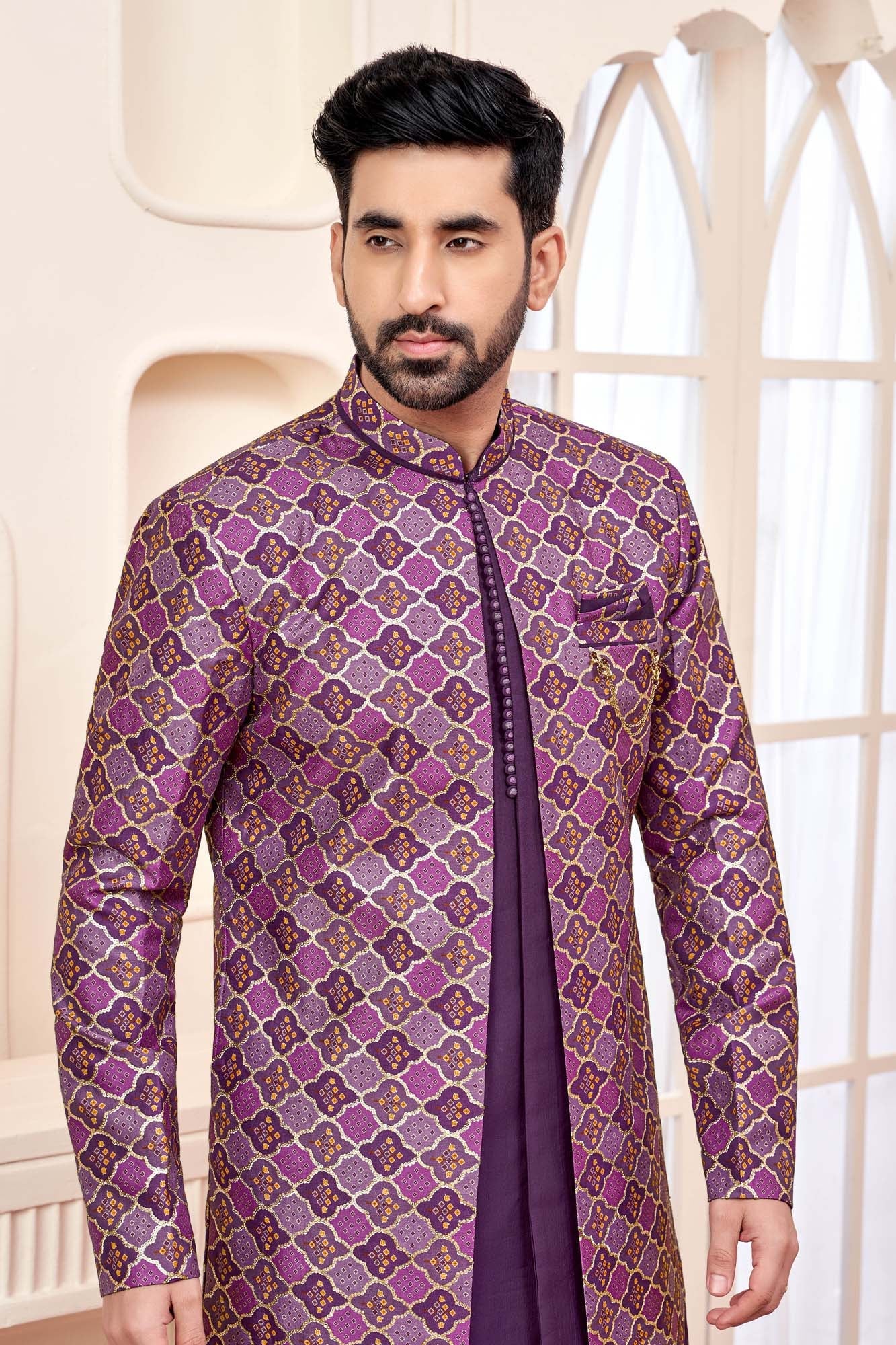 purple indo western dress men's Velvet Wedding Wear Attractive Readymade Men Indo Western In Purple Color