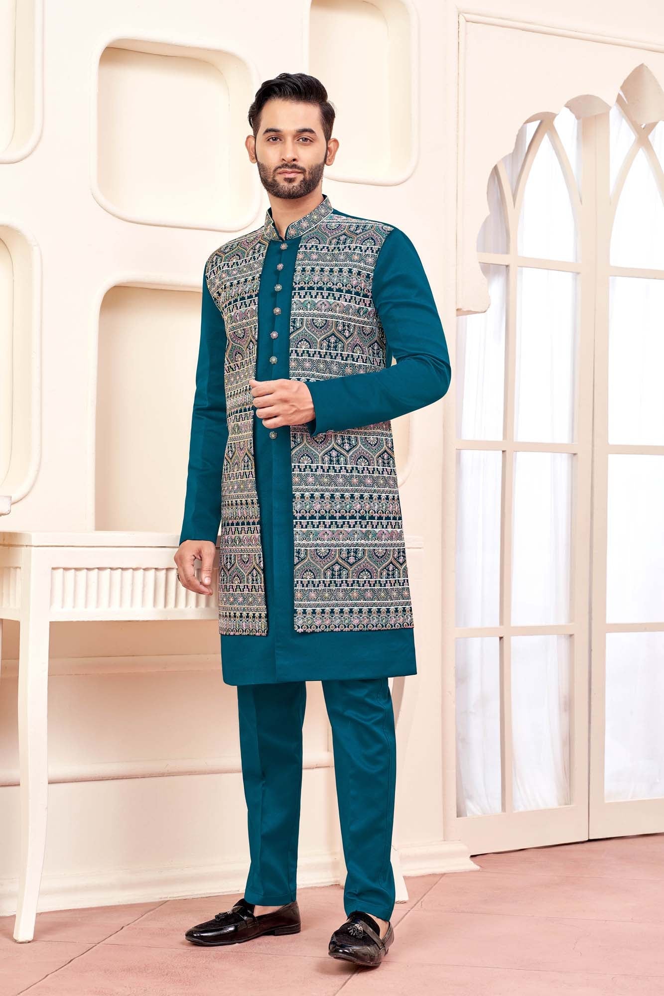 Teal Green Indo-Western Outfit With Unique Tribal Design