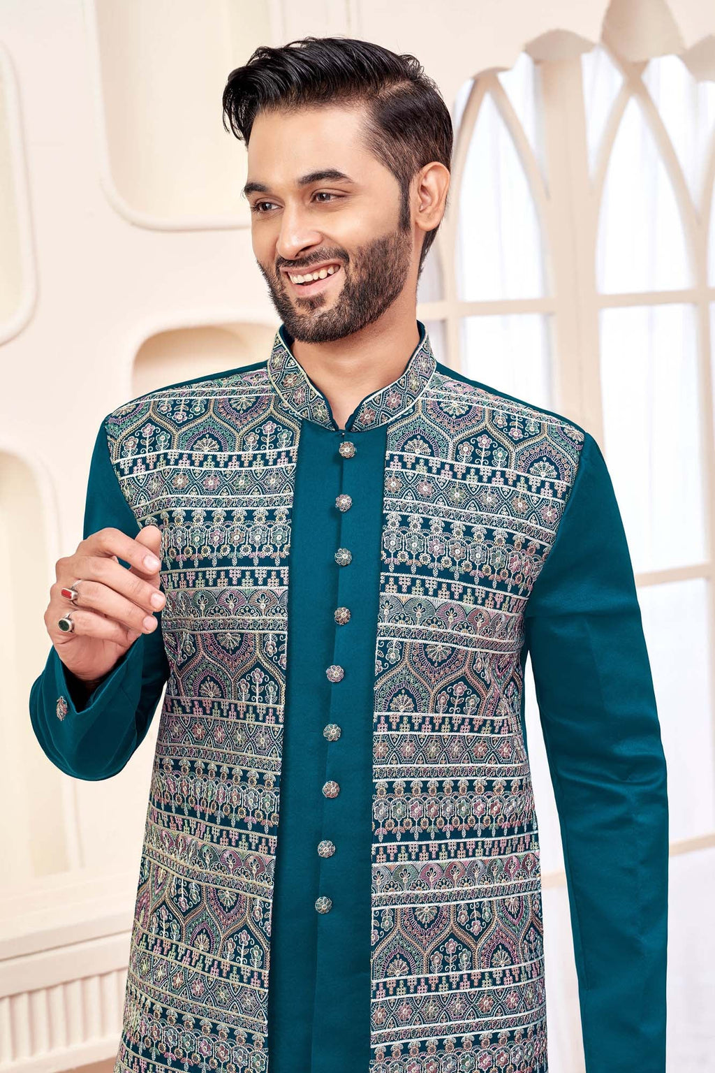 Teal Green Indo-Western Outfit With Unique Tribal Design