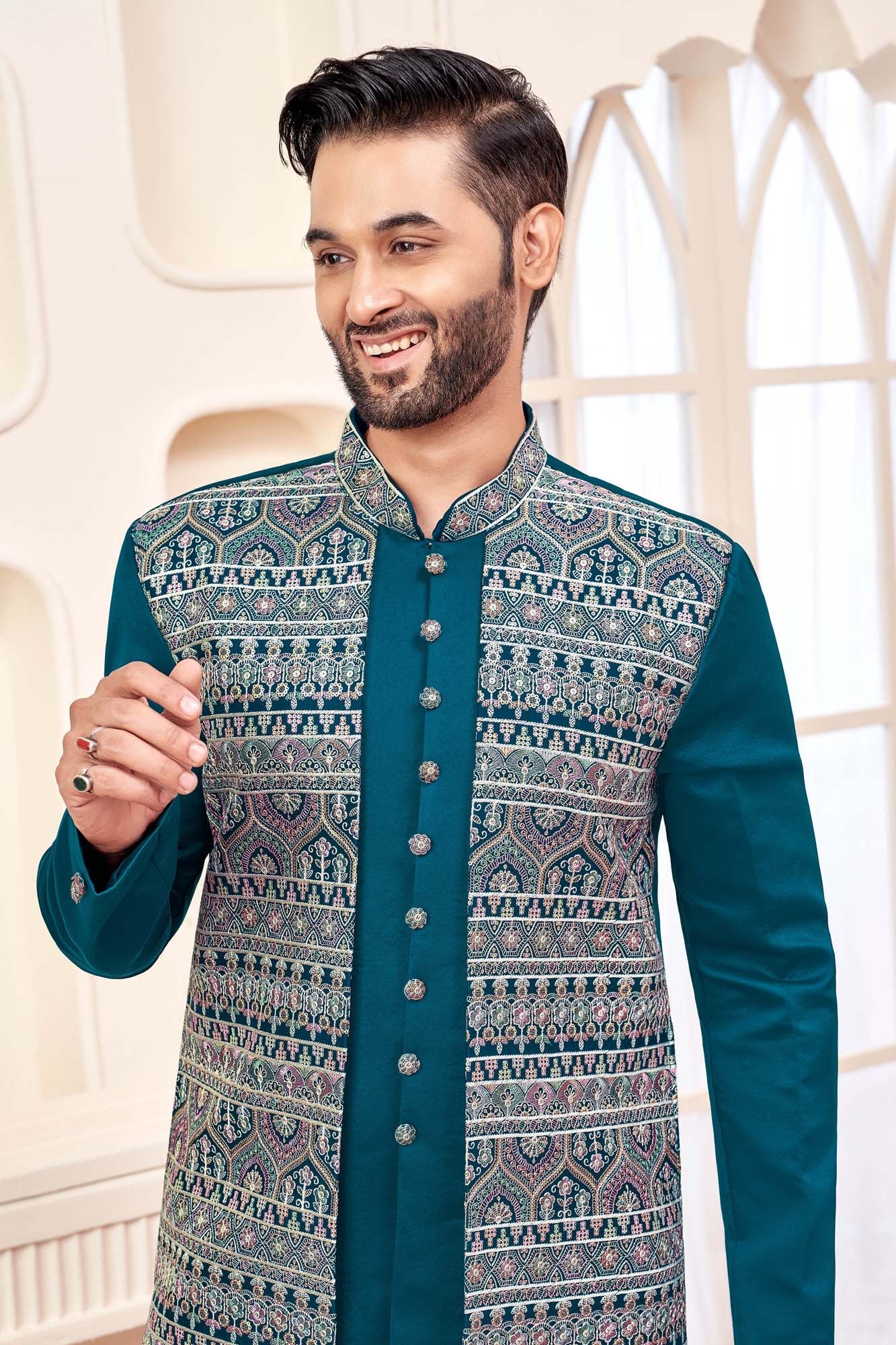 Teal Green Indo-Western Outfit With Unique Tribal Design