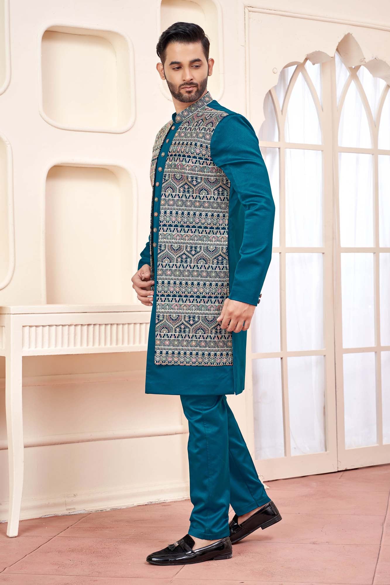 Teal Green Indo-Western Outfit With Unique Tribal Design