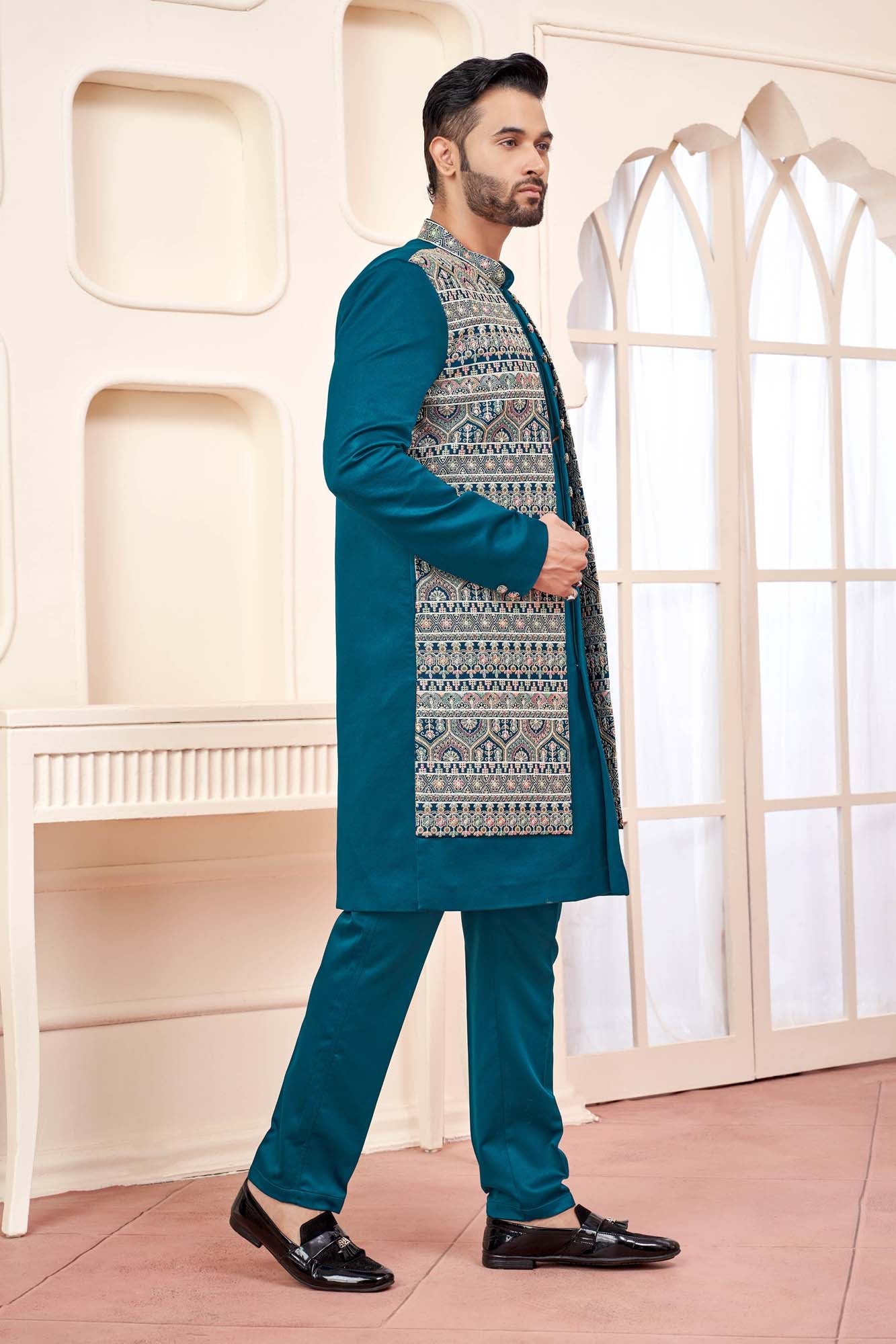 Teal Green Indo-Western Outfit With Unique Tribal Design