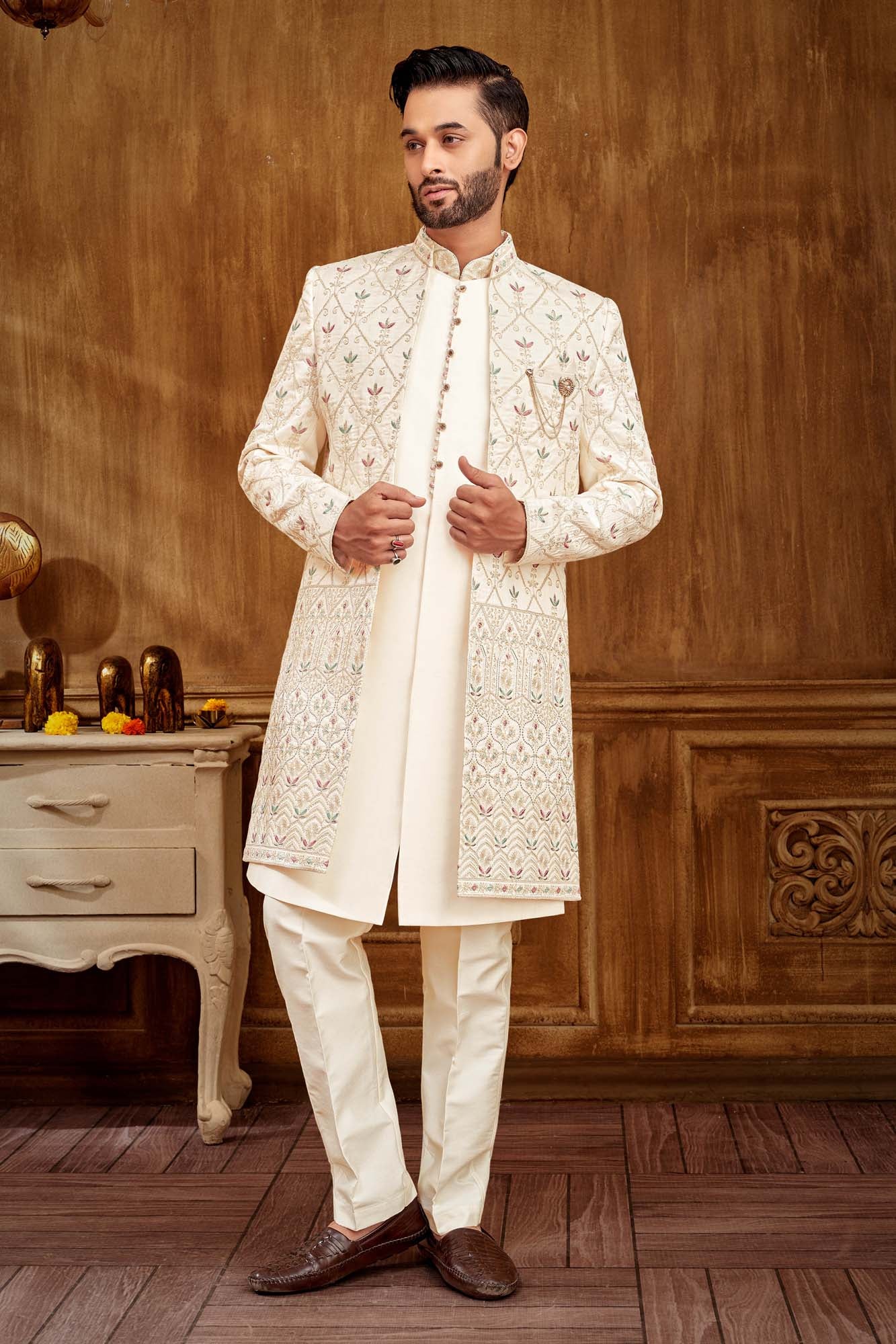 Men’s Indo-Western Kurta Set | Purple & Green Embroidered Elegance