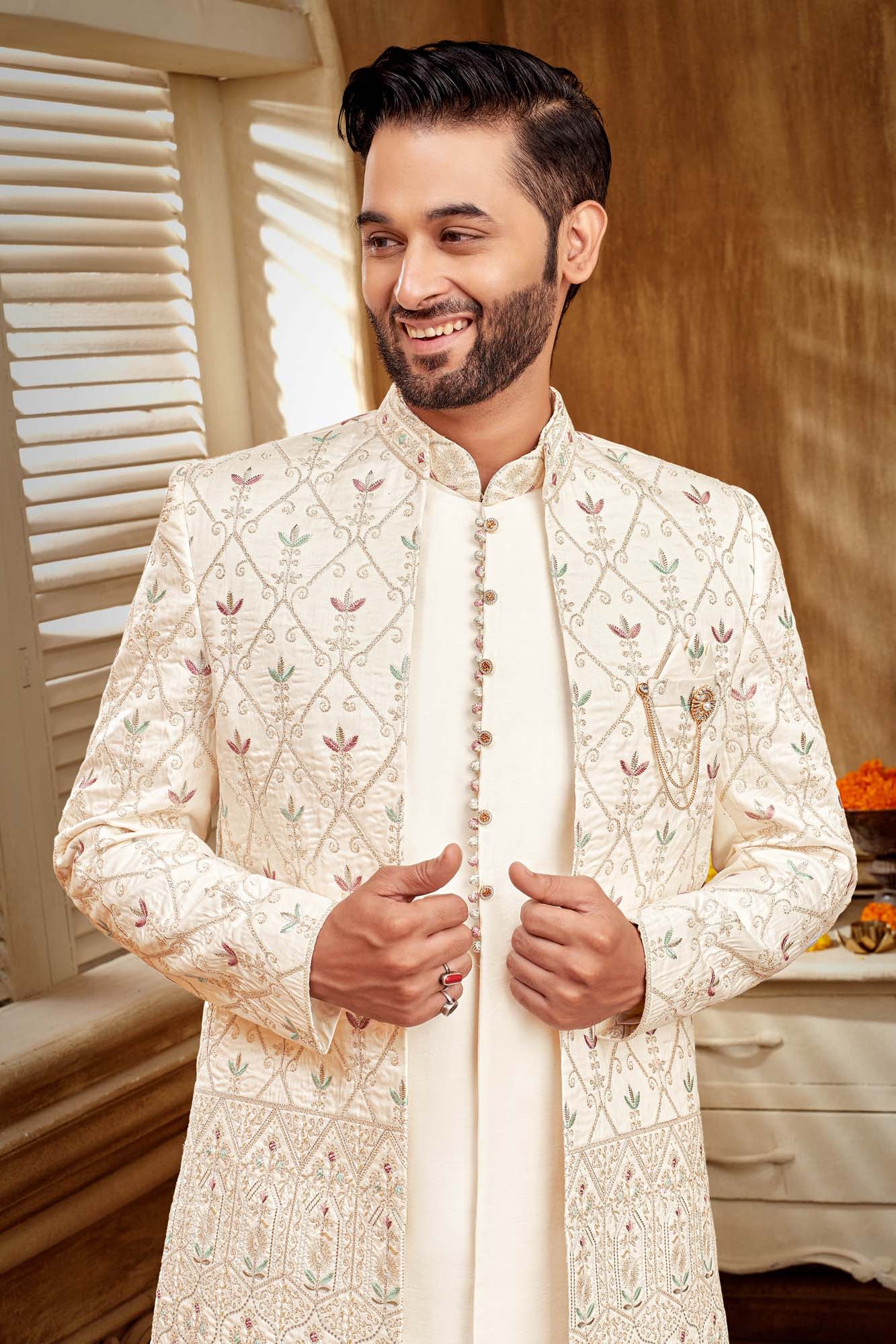 Men’s Indo-Western Kurta Set | Purple & Green Embroidered Elegance