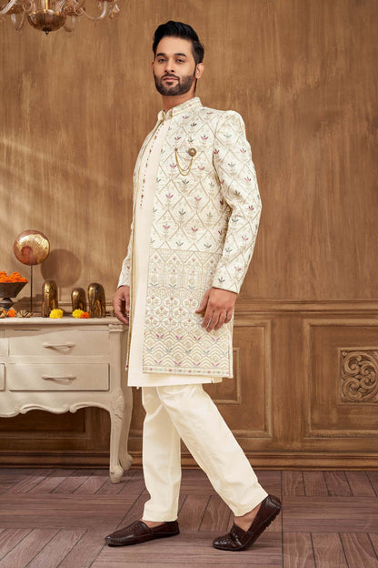 Men’s Indo-Western Kurta Set | Purple & Green Embroidered Elegance