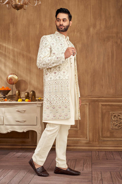 Men’s Indo-Western Kurta Set | Purple & Green Embroidered Elegance