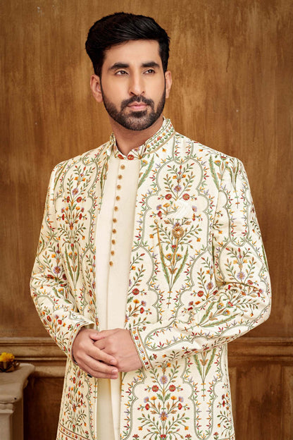 Ethnic Indo-Western Kurta Set For Men With Floral Embroidery