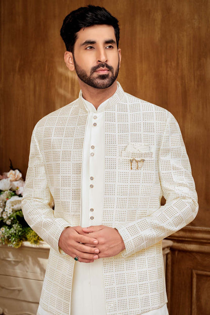 White Jodhpuri Set With Gold Embroidery