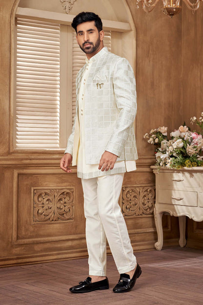 White Jodhpuri Set With Gold Embroidery