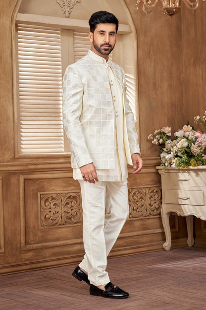 White Jodhpuri Set With Gold Embroidery