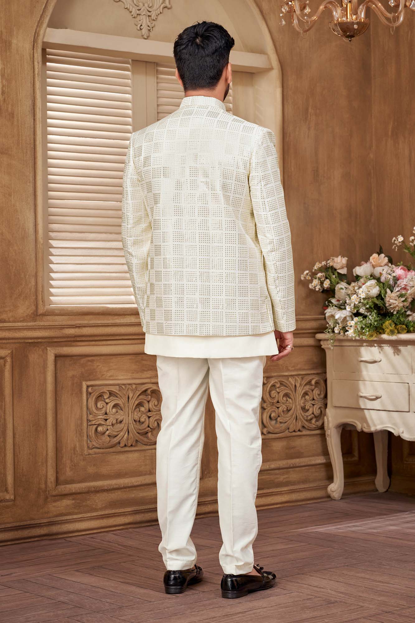 White Jodhpuri Set With Gold Embroidery