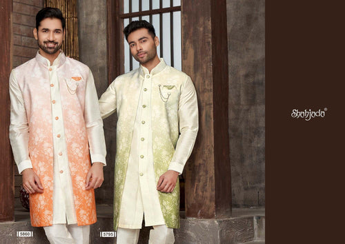 Art Silk Kurta Long Jacket Set with Pants for Men