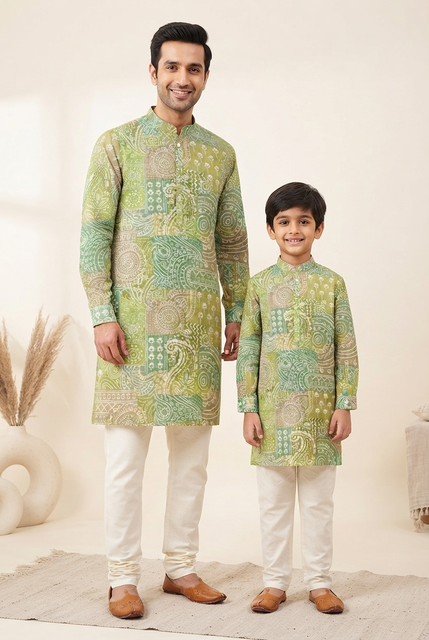 Father Son Matching Kurta Pant Set for Engagement - Digital Print Viscose