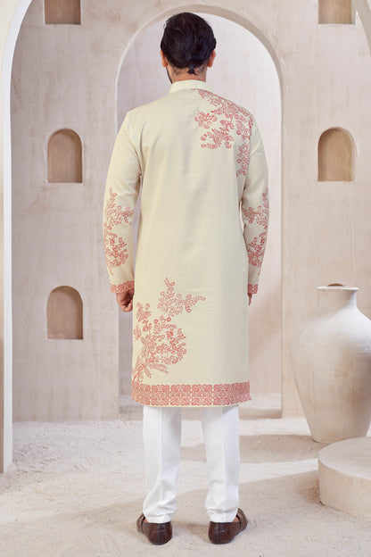 Cream Cherry Red Stylish Festive Kurta