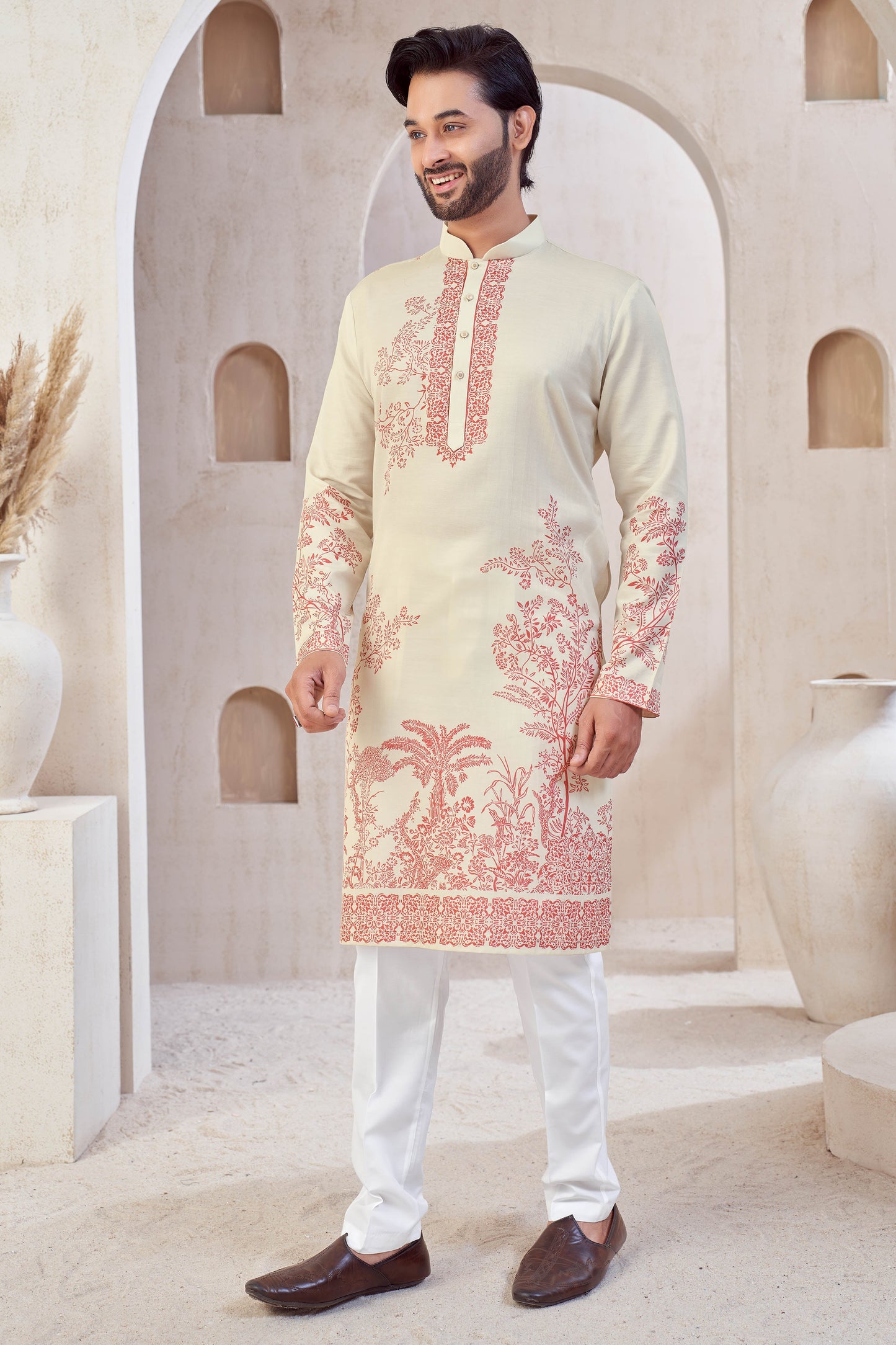 Cream Cherry Red Stylish Festive Kurta