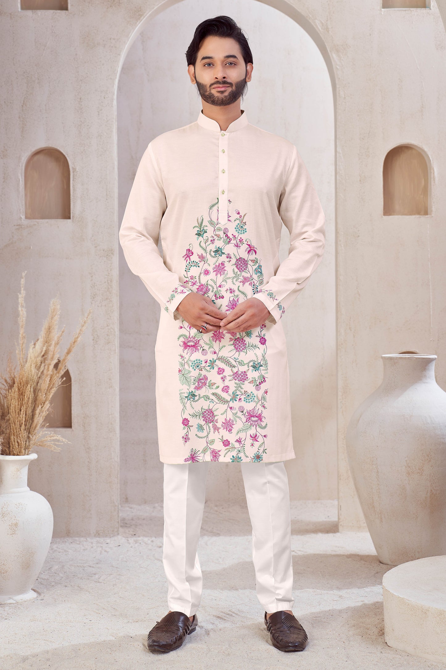 Ivory Floral Crest Kurta